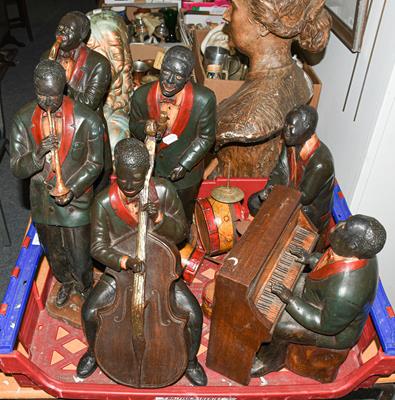 Lot 379 - A painted resin six piece jazz band: a pianist, drummer, cellist, trumpeter, saxophonist and...