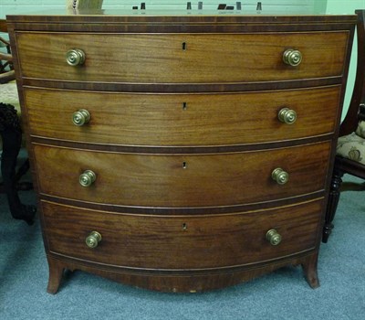 Lot 1544 - A Late George III Mahogany, Boxwood Strung and Crossbanded Bowfront Chest, early 19th century,...