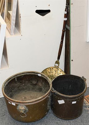 Lot 399 - Two copper coal buckets and an 18th/19th century bed warming pan (3)