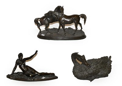 Lot 401 - After Pierre Jules Mene a resin horse group, 52cm, a resin figure of a recumbent maiden, and a...