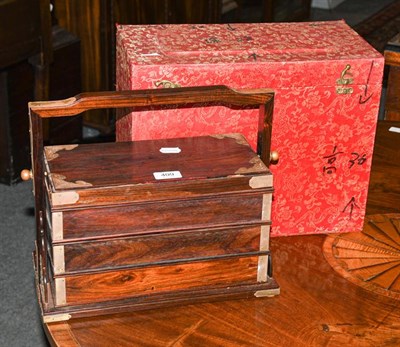 Lot 409 - A 19th century Chinese rosewood three-tier picnic basket; together with a Chinese painted stand (2)