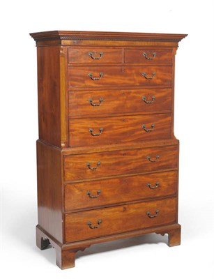 Lot 1547 - A George III Mahogany, Satinwood and Tulipwood Chest on Chest, circa 1800, the dentil cornice above