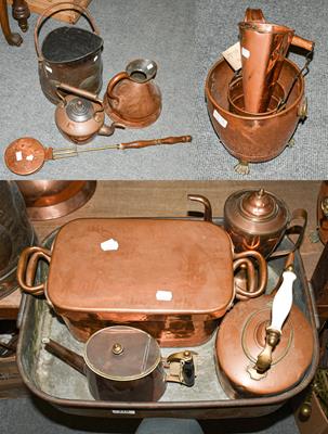 Lot 419 - A group of 19th century copper including an ale muller, harvest jug, kettles, coal bucket, chestnut