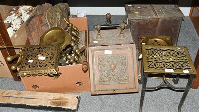 Lot 421 - A quantity of early 19th century and later brasswares including trivets, chimney ornaments, bellows