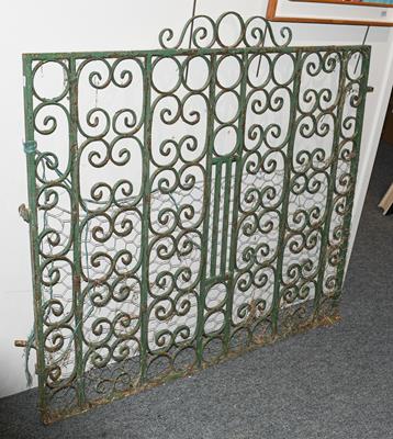 Lot 423 - A Victorian green painted wrought iron gate decorated with scroll work, 122cm by 115cm