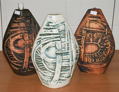 Lot 433 - Three Tremaen Pottery Newlyn Cornwall table lamp bases, one labelled (3)