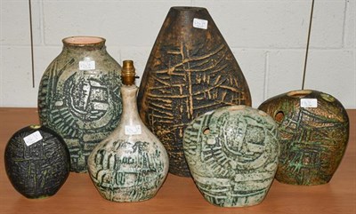 Lot 434 - Four Tremaen Pottery Newlyn Cornwall vases and two lamps, largest 41cm high, four with...