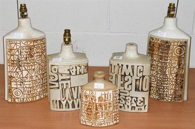 Lot 436 - Five Cornish pottery table lamp bases, all unmarked, largest 39cm high (5)