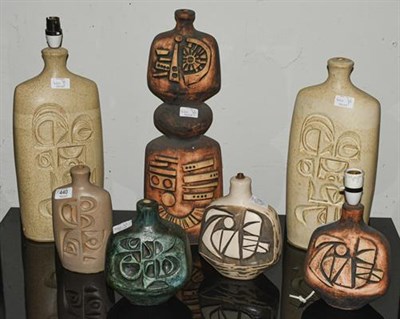 Lot 440 - Seven Tremaen Pottery Newlyn Cornwall table lamp bases, five with labels, the largest 50cm high (7)