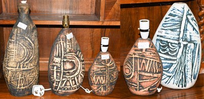 Lot 442 - Five Tremaen Pottery Newlyn Cornwall table lamp bases, one with impressed mark and three...