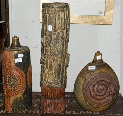 Lot 443 - A Bernard Rooke pottery table lamp, impressed mark, 34cm high, and two similar unmarked lamp bases