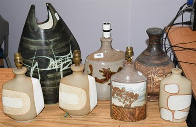 Lot 446 - Six Cornish pottery table lamps and a Studio pottery vase (7)