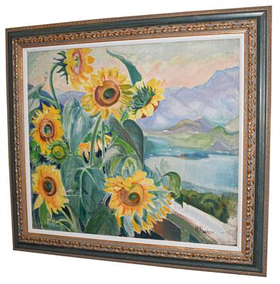 Lot 1010 - Paula Fischer (1873-1950) ''Italian Landscape with Sunflowers'' Signed, inscribed verso, oil on...