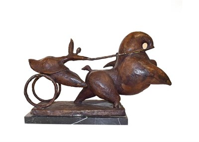 Lot 1013 - French School (20th/21st century) Horse and chariot Bronze on a marble base, 36cm high