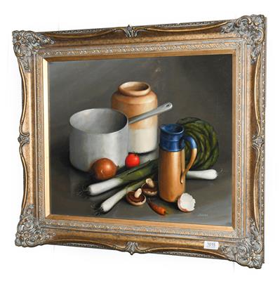 Lot 1015 - George Reekie (20th/21st century) Still life of assorted vessels and vegetables Signed, oil on...