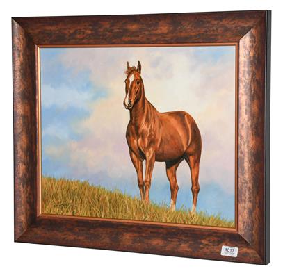 Lot 1017 - David Stribbling (Contemporary) Chestnut horse in a landscape Signed, oil on canvas, 40cm by 49.5cm