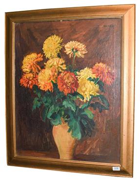 Lot 1038 - Philip Naviasky (1894-1983) Still life of orange and yellow flowers in a terracotta vase...