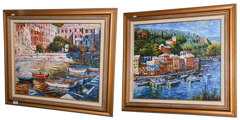 Lot 1040 - * O'Donnell (Contemporary) An Italian harbour scene Signed, oil on canvas, together with another by