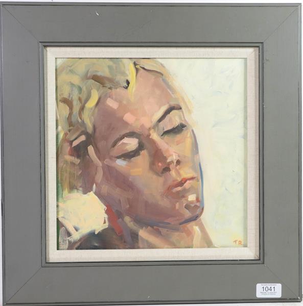Lot 1041 - Tim Rose (Contemporary) Head Study of a lady Initialled, oil on board, 29cm by 29cm