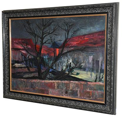 Lot 1047 - Violet Fuller (1920-2008) Landscape with black tree Signed and dated (19)57, oil on board, 54cm...