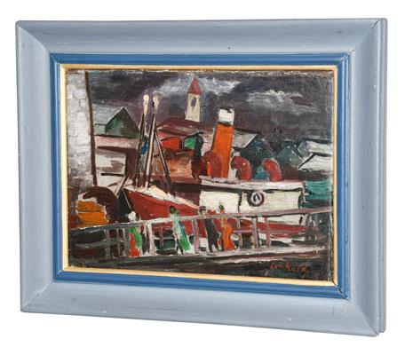 Lot 1049 - Attributed to Josef Lenhard (20th century) American Figures on a boat Signed, oil on canvas,...