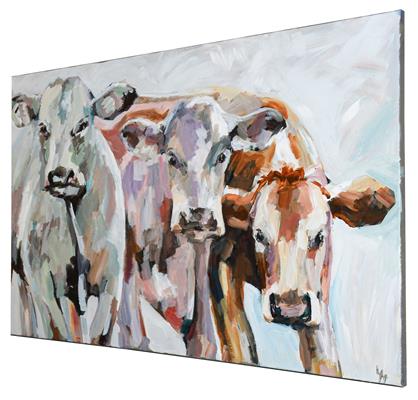 Lot 1051 - Lesley Heath (b.1966) Three cows Initialled, oil on canvas, 61cm by 91cm (unframed)  Artist's...