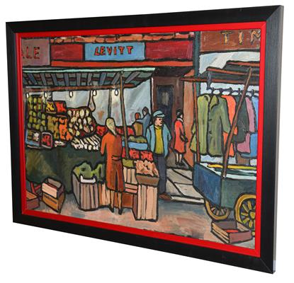 Lot 1053 - Christopher Stones (20th/21st century) ''Pettycoat Lane Fruit Market'' Signed, inscribed verso, oil
