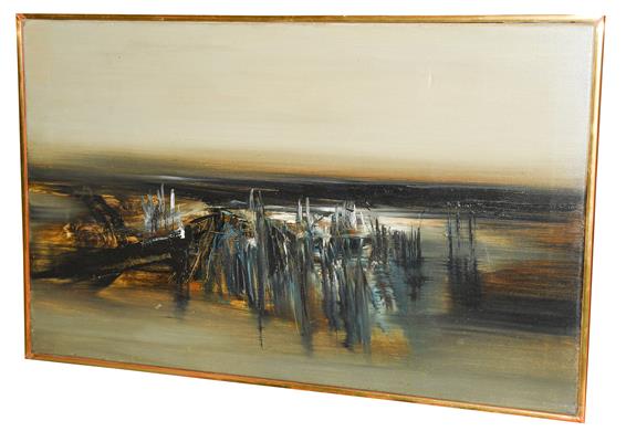 Lot 1096 - Kit Barker (1916-1988) ''Waldensee Polder'' Signed, inscribed verso, oil on canvas, 56cm by...