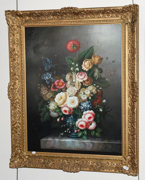 Lot 1103 - T.Fairfax (Contemporary) Still life flowers on a ledge, signed oil on board, 90cm by 69cm