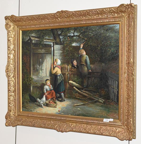 Lot 1104 - R.Dobson (Contemporary) Children picking apples, signed oil on canvas, 60cm by 75cm