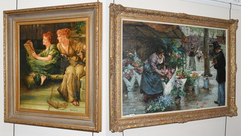Lot 1105 - P Norris (Contemporary) Flower seller, signed oil on canvas, 74cm by 100cm, together with a...