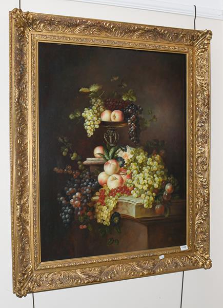 Lot 1108 - Still life with peaches and grapes, oil on board, 90cm by 70cm