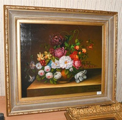 Lot 1116 - Laurence Backer (Contemporary) Still life flowers in a vase on a ledge, signed oil on canvas,...