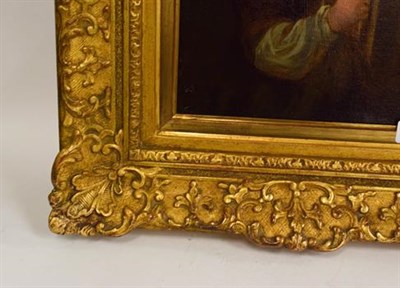 Lot 1117 - Oil on canvas of a Boy with Peep Show, after Fragonard, in heavy gilt frame