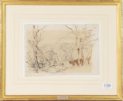 Lot 1129 - David Cox (1783-1839) Cattle amongst trees overlooking a valley, Mixed media with charcoal...