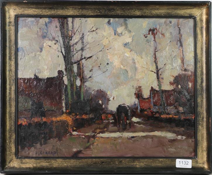 Lot 1132 - G Cerano ? (early 20th century) Impressionistic street view with horse and cart, signed oil on...