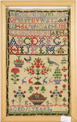 Lot 1137 - Two 19th century woolwork samplers, same family worked by Anne Soulsby 1825, and Anne Smithson 1879