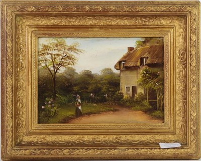 Lot 1151 - Seven small oils of a Tyrolean pipe smoker, cottage garden by Allen, two views by F Bock, man...