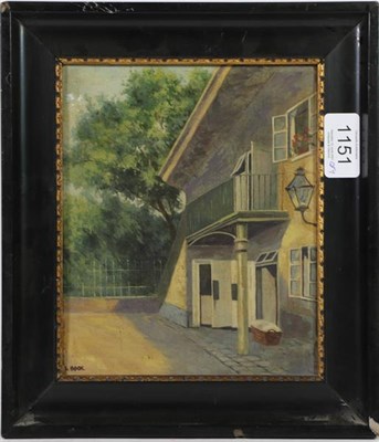 Lot 1151 - Seven small oils of a Tyrolean pipe smoker, cottage garden by Allen, two views by F Bock, man...