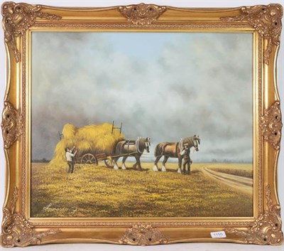 Lot 1155 - Contemporary oil on canvas, haymaking scene, 50cm by 60cm, together with another mountain...