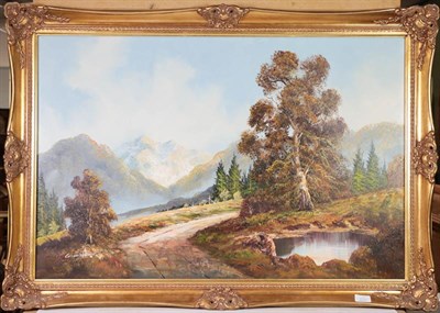Lot 1155 - Contemporary oil on canvas, haymaking scene, 50cm by 60cm, together with another mountain...