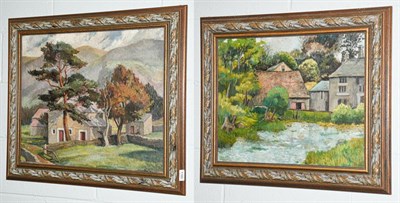 Lot 1160 - Joyce Platt (20th century) Farmstead in mountanous landscape, oil on canvas, together with a...