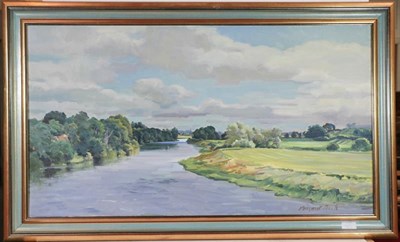 Lot 1163 - Margaret Peach (Contemporary) River landscape, signed oil on canvas, 75cm by 120cm, together with a