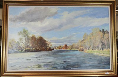 Lot 1163 - Margaret Peach (Contemporary) River landscape, signed oil on canvas, 75cm by 120cm, together with a