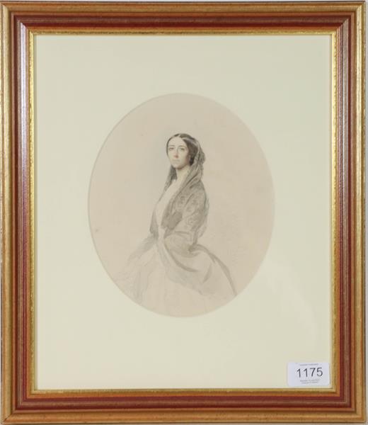 Lot 1175 - English School (19th century) Portrait study of a lady, pencil and watercolour, 20cm by 17cm