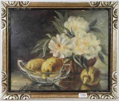 Lot 1182 - Alex Lallemand (1892-1963) Still life with flowers and lemons, signed oil on board, 37cm by 45cm
