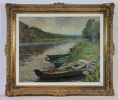 Lot 1183 - D Vermeylen (20th century) Boats on the river, signed oil on canvas, 44cm by 54cm