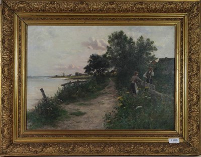 Lot 1184 - C Uhlig? (early 20th century) Continental riverside view, signed oil on canvas, 39cm by 55cm
