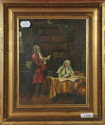 Lot 1188 - Follower of Frank Moss Bennett Genleman in 18th century dress in a library interior, Signed TH...