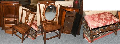 Lot 1237 - A group of furniture comprising two 18th century oak chairs, a George III mahogany bow-front...